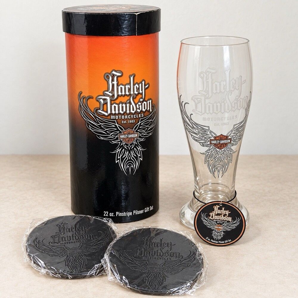 Harley-Davidson Roadhouse Pinstripe Pilsner 22 oz Glass 2 Coasters Gift Set Tube